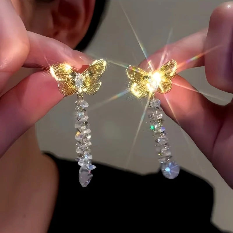 14K Gold-Plated Elegant Hollow Butterfly Zircon Crystal Tassel Earrings - elegant Butterfly Tassel Earrings