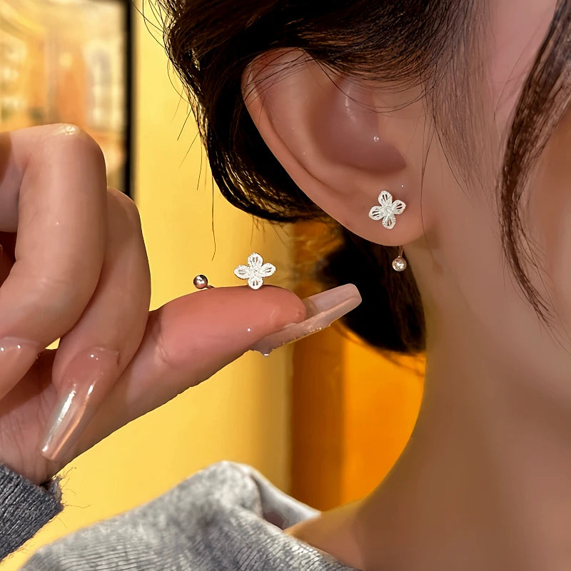 14K Gold-Plated Elegant Hollow Flower Back-Hanging Screw Earrings - elegant Flower Jacket Earrings