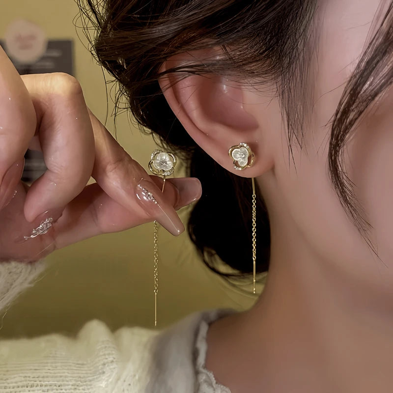 14K Gold-Plated Elegant Hollow Flower Threader Earrings - elegant Flower Threader Earrings