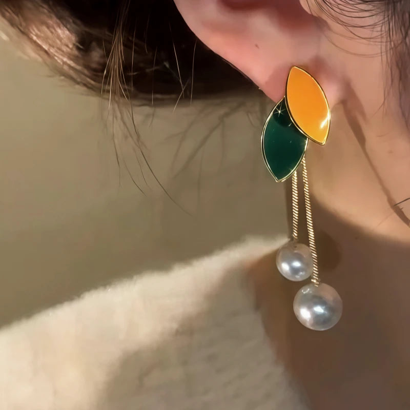 14K Gold-Plated Elegant Leaf Pearl Tassel Earrings - elegant Leaf Pearl Tassel Earrings