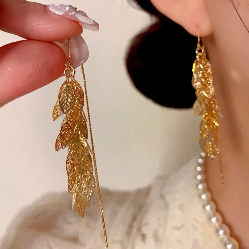14K Gold-Plated Elegant Leaf Tassel Threader Earrings - elegant Leaf Threader Earrings