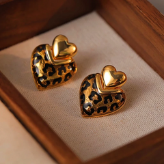 Angled view of the 14K Gold-Plated Elegant Leopard Heart-Design Earrings