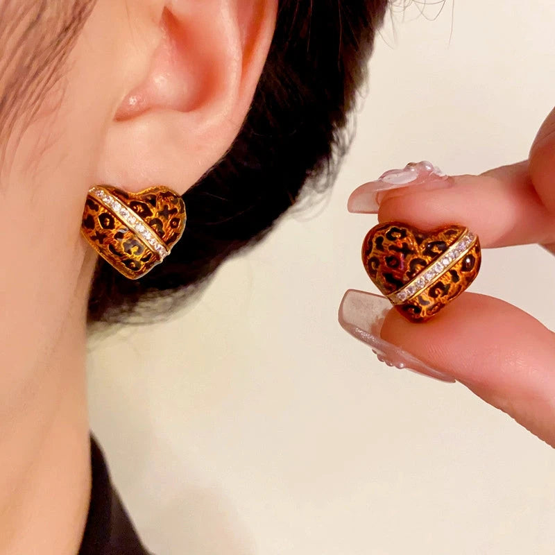 14K Gold-Plated Elegant Leopard Heart Stud Earrings - elegant Leopard Heart Studs