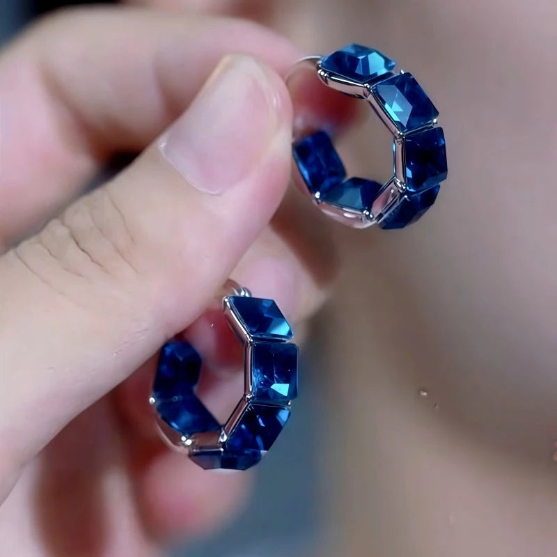 14K Gold-Plated Elegant Luxury Sea Blue Zircon Diamoond Hoop Earrings - elegant Blue Zircon Hoop Earrings