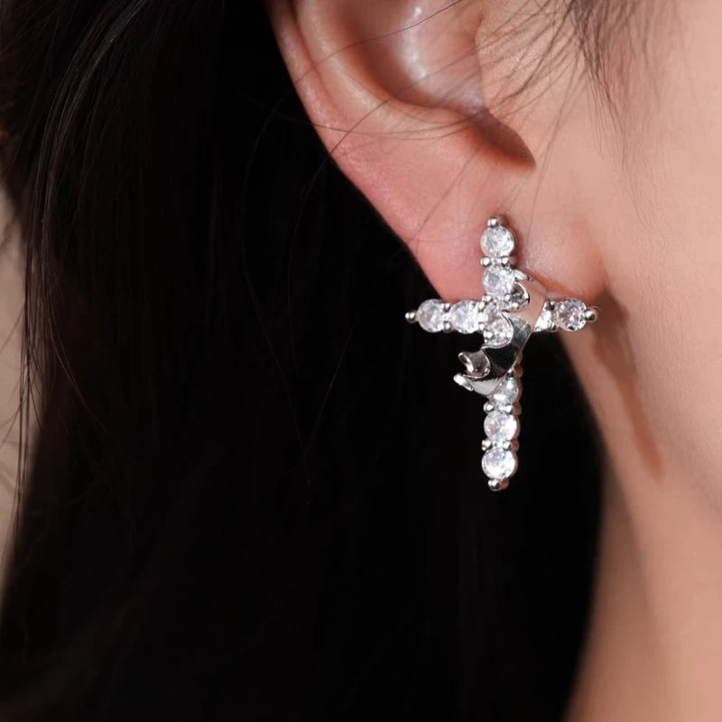Model showcasing the dangle and style of the 14K Gold-Plated Elegant Luxury Zircon Diamond Cross Crown Earrings
