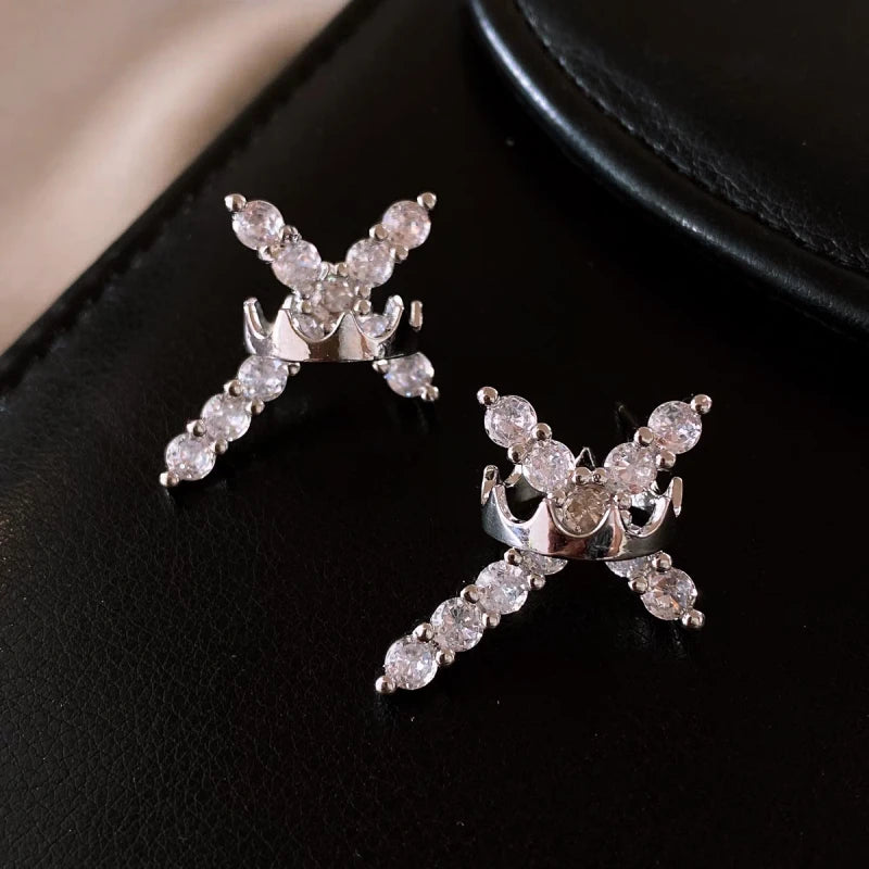 Angled view of the 14K Gold-Plated Elegant Luxury Zircon Diamond Cross Crown Earrings