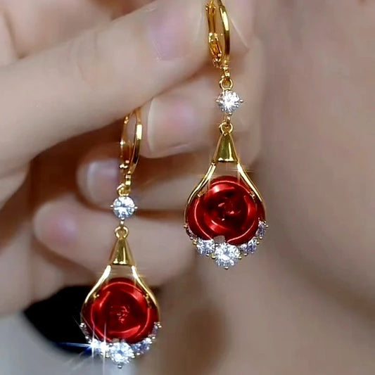 14K Gold-Plated Elegant Luxury Zircon Diamond Red Rose Earrings - elegant Red Rose Earrings