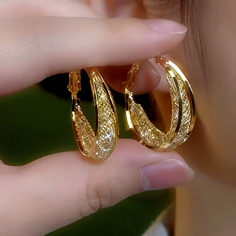 14K Gold-Plated Elegant Mesh Hoop Earrings - elegant Mesh Hoop Earrings
