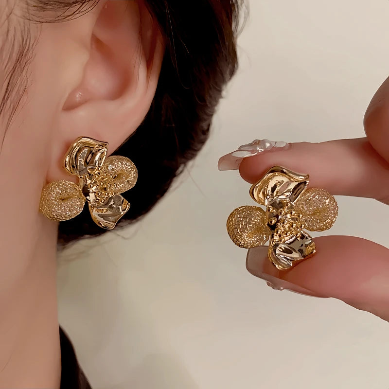 14K Gold-Plated Elegant Mesh Petal Flower Stud Earrings - elegant Mesh Flower Studs