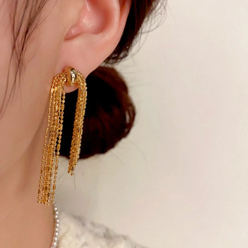 14K Gold-Plated Elegant Metal Long Chain Tassel Earrings - elegant Long Chain Tassel Earrings