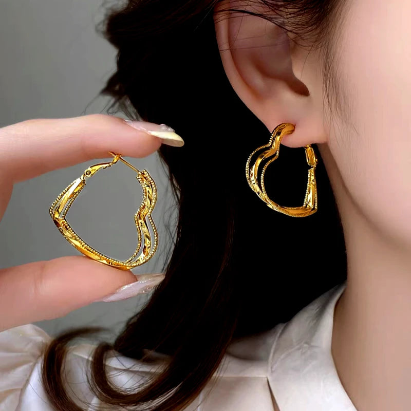 14K Gold-Plated Elegant Multi-Layer Heart Earrings - elegant Multi-Layer Heart Earrings