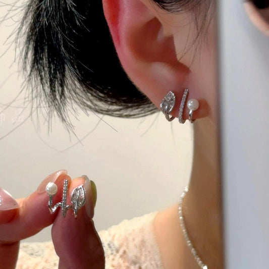 14K Gold-Plated Elegant Multi-Layer Zircon Diamond Bead Leaf Studs - elegant Zircon Leaf Studs