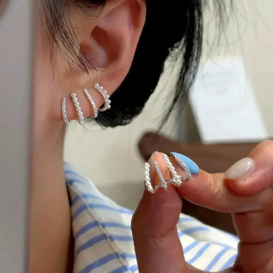 14K Gold-Plated Elegant Multi-Layer Zircon Pearl Stud Earrings - elegant Zircon Pearl Studs