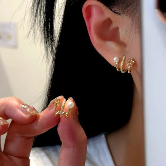 14K Gold-Plated Elegant Multi-Layer Zircon Star Pearl Stud Earrings - elegant Star Pearl Stud Earrings