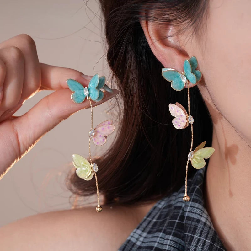 14K Gold-Plated Elegant Oil Drop Colorful Butterfly Tassel Earrings - elegant Colorful Butterfly Tassel Earrings