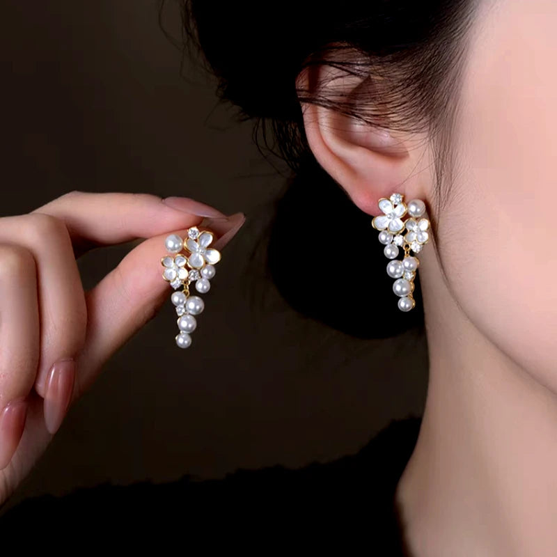 14K Gold-Plated Elegant Oil Drop Flower Pearl Tassel Earrings - elegant Flower Pearl Tassel Earrings