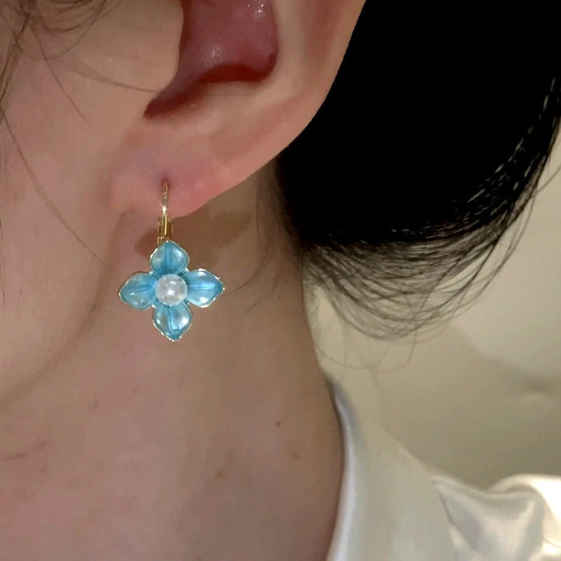 14K Gold-Plated Elegant Oil Drop Pearl Blue Flower Earrings - elegant Blue Flower Earrings