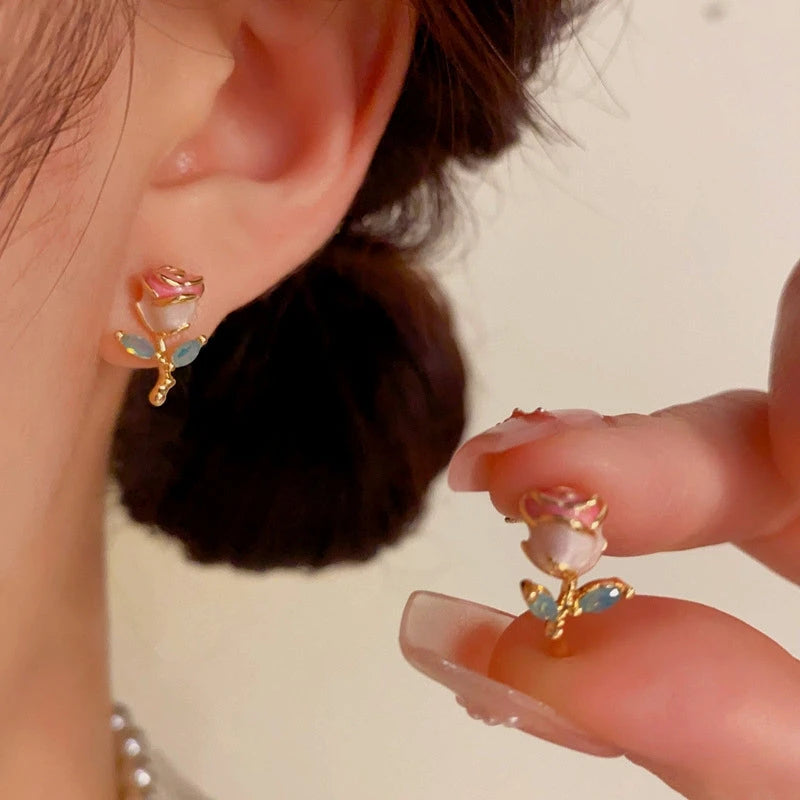 14K Gold-Plated Elegant Oil Drop Rose Stud Earrings - elegant Rose Stud Earrings