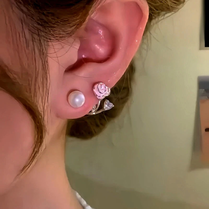 Close-up detail of the sparkling zircons and plating on the Rose Pearl Jacket Earrings