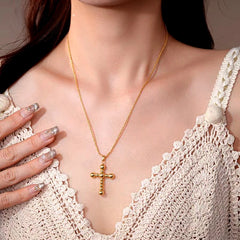 14K Gold-Plated Elegant Pearl Bead Cross Necklace worn to showcase its length and pendant detail