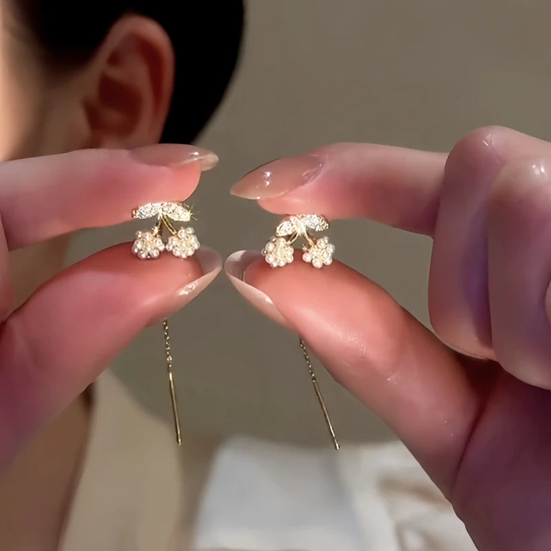 14K Gold-Plated Elegant Pearl Cherry Threader Earrings - elegant Cherry Threader Earrings