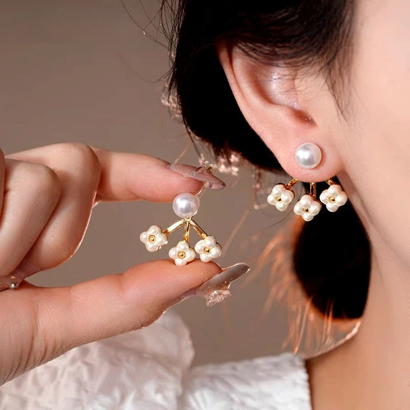 14K Gold-Plated Elegant Pearl Flower Pearl Jacket Earrings - elegant Pearl Flower Jacket Earrings
