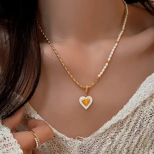 14K Gold-Plated Elegant Pearl Heart Necklace worn to showcase its length and pendant detail
