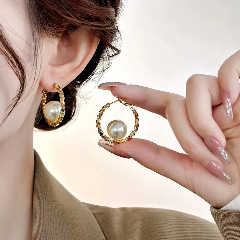 14K Gold-Plated Elegant Pearl Hoop Earrings - elegant Pearl Hoop Earrings