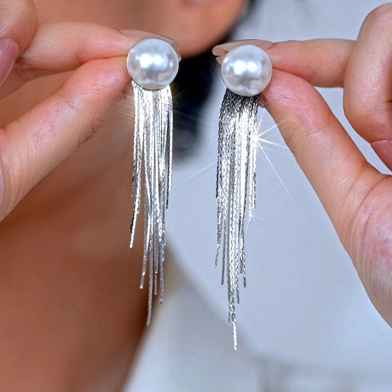 14K Gold-Plated Elegant Pearl Tassel Earrings - elegant Pearl Tassel Earrings