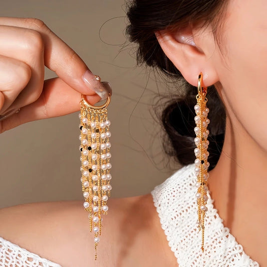 14K Gold-Plated Elegant Pearl Tassel Earrings - elegant Pearl Tassel Earrings
