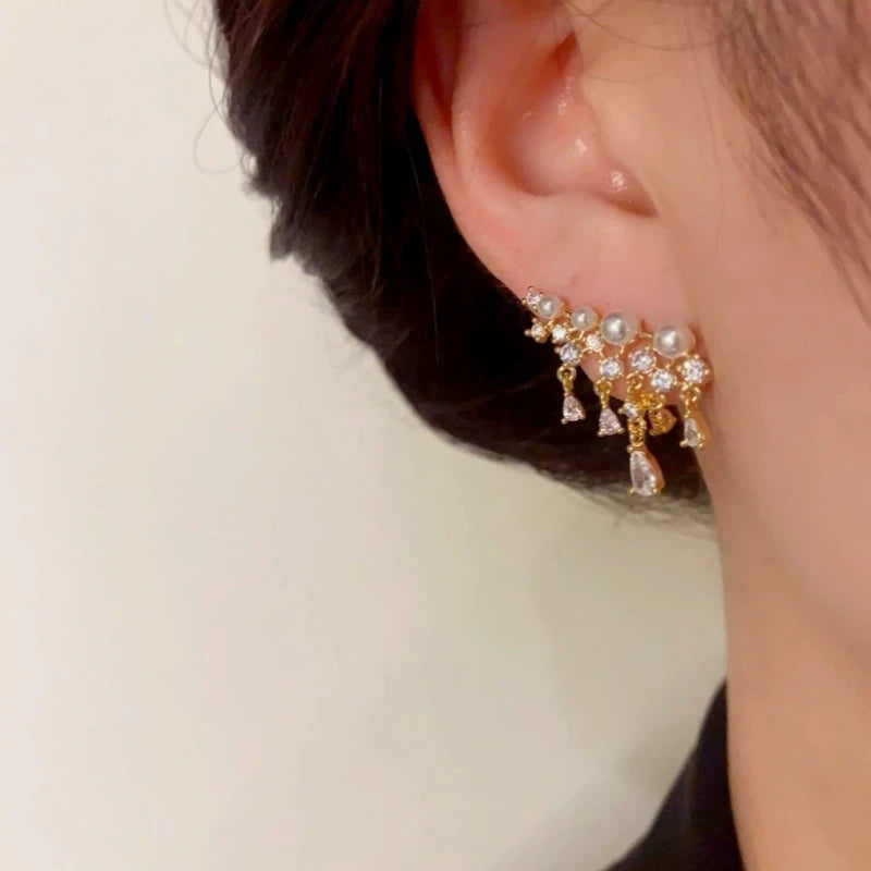 14K Gold-Plated Elegant Pearl Zircon Tassel Earrings - elegant Pearl Zircon Tassel Earrings