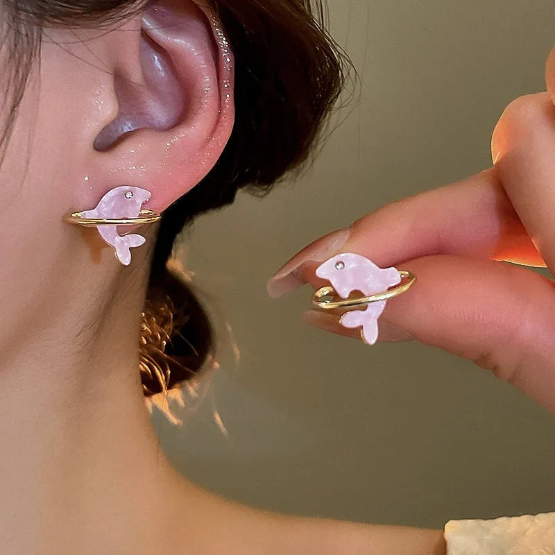 14K Gold-Plated Elegant Pink Dolpin Stud Earrings - elegant Pink Dolphin Studs