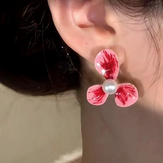 14K Gold-Plated Elegant Pink Flower Pearl Stud Earrings - elegant Pink Flower Pearl Earrings