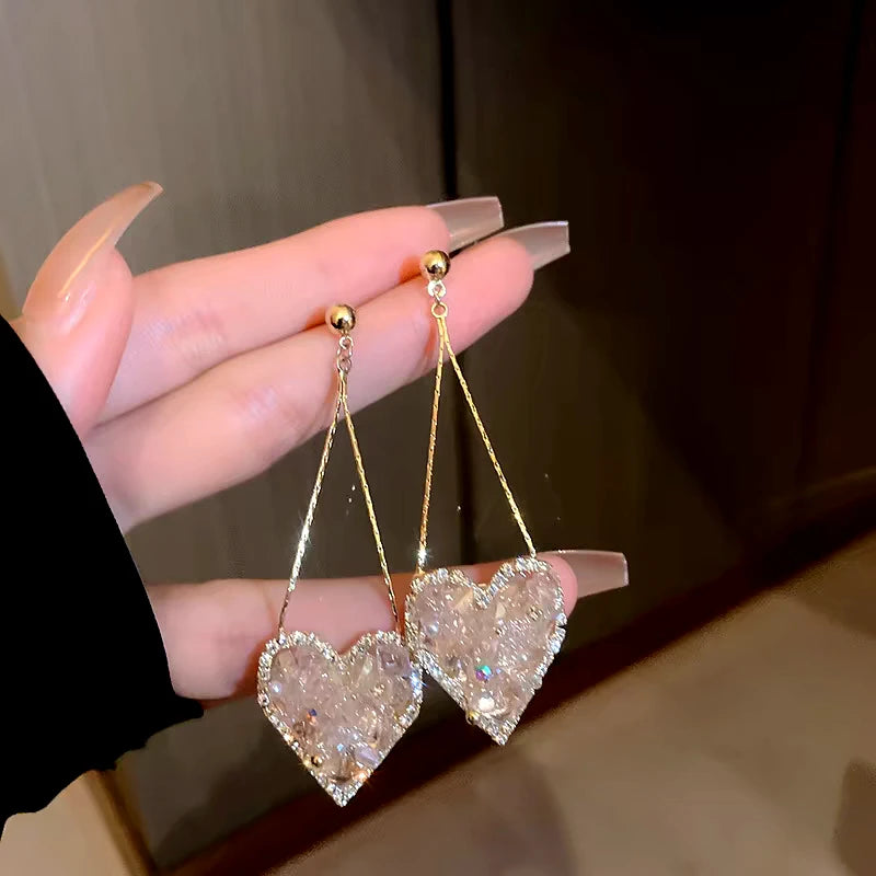 14K Gold-Plated Elegant Pink Rhinestone Heart Tassel Earrings - elegant Pink Heart Tassel Earrings