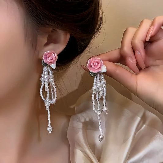 14K Gold-Plated Elegant Pink Rose Bead Tassel Earrings - elegant Pink Rose Tassel Earrings