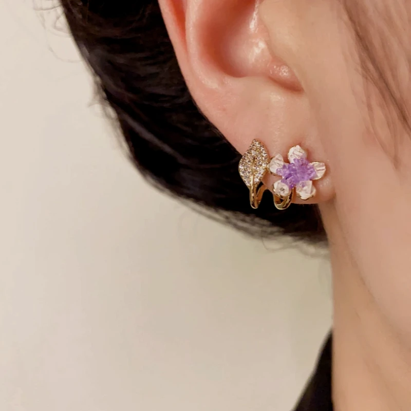 14K Gold-Plated Elegant Purple Crystal Flower Zircon Leaf Stud Earrings - elegant Purple Flower Studs