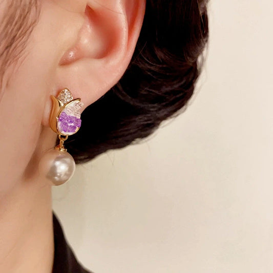 14K Gold-Plated Elegant Purple Crystal Tulip Pearl Earrings - elegant Tulip Pearl Earrings