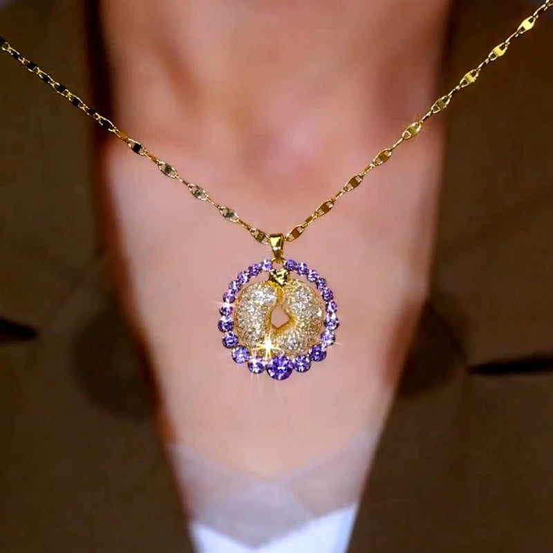14K Gold-Plated Elegant Purple Diamond Mesh Hoop Pendant Necklace - beautiful Mesh Hoop Pendant Necklace
