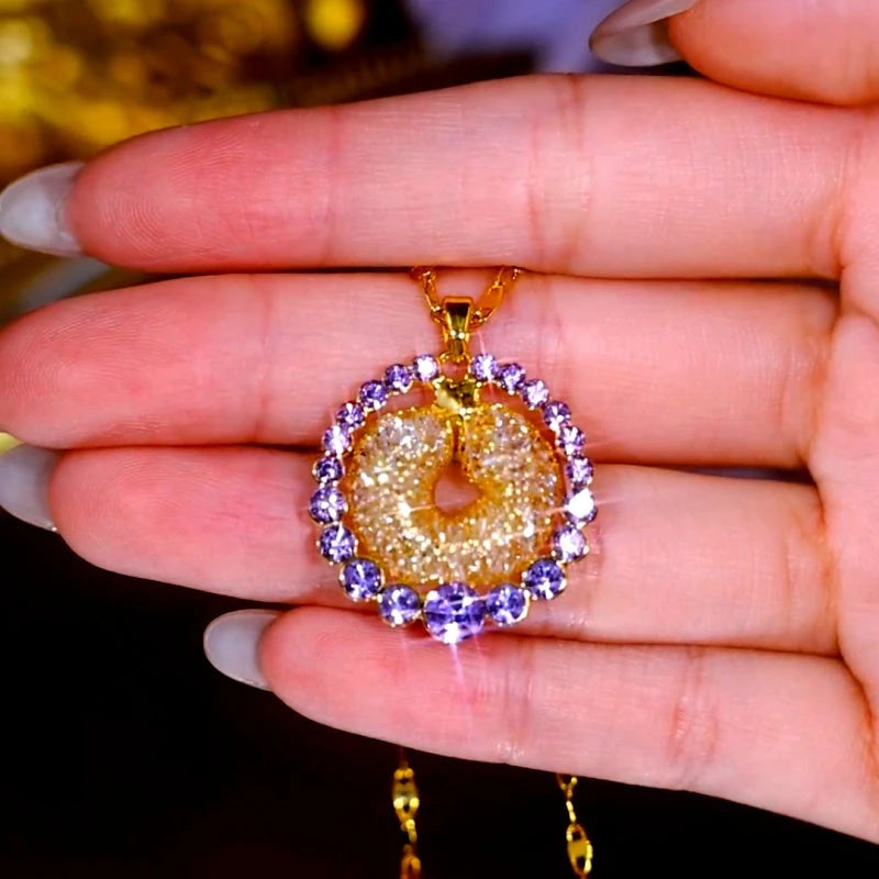 14K Gold-Plated Elegant Purple Diamond Mesh Hoop Pendant Necklace worn to showcase its length and pendant detail