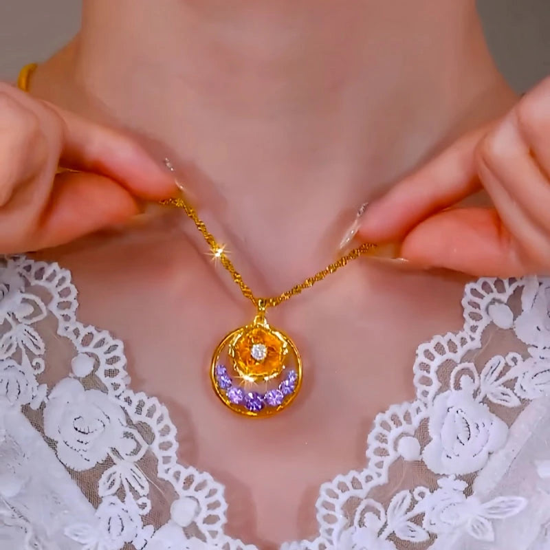 14K Gold-Plated Elegant Purple Diamond Rose Necklace - beautiful Purple Rose Necklace