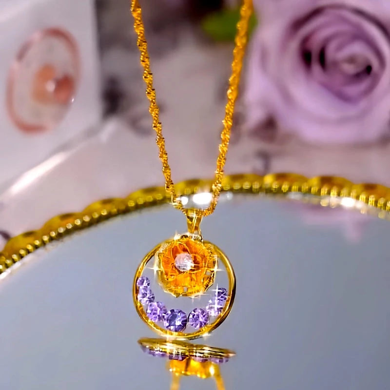 Detailed view of the 14K Gold-Plated Elegant Purple Diamond Rose Necklace chain and pendant