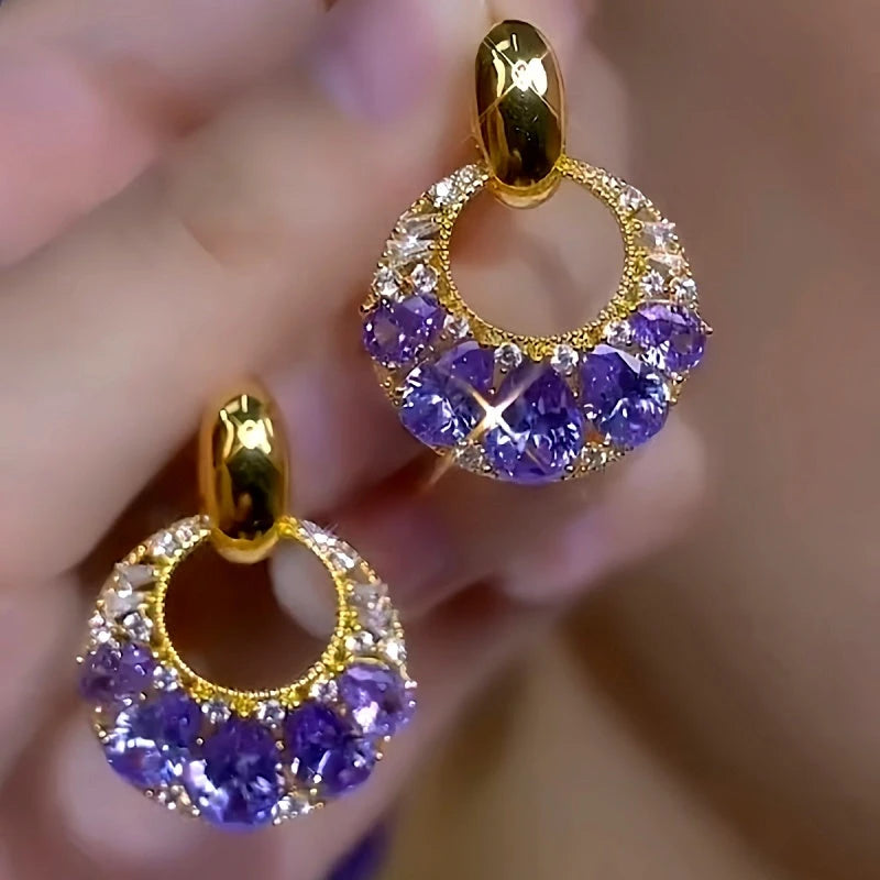 14K Gold-Plated Elegant Purple Diamond Tassel Earrings - elegant Purple Tassel Earrings