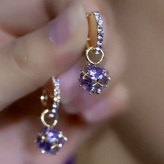Close-up detail of the sparkling zircons and plating on the Purple Water Drop Earrings