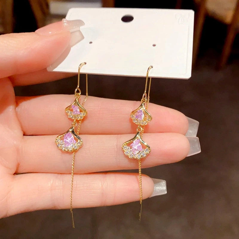 14K Gold-Plated Elegant Purple Ginkgo Leaf Tassel Threader Earrings - elegant Ginkgo Leaf Threader Earrings