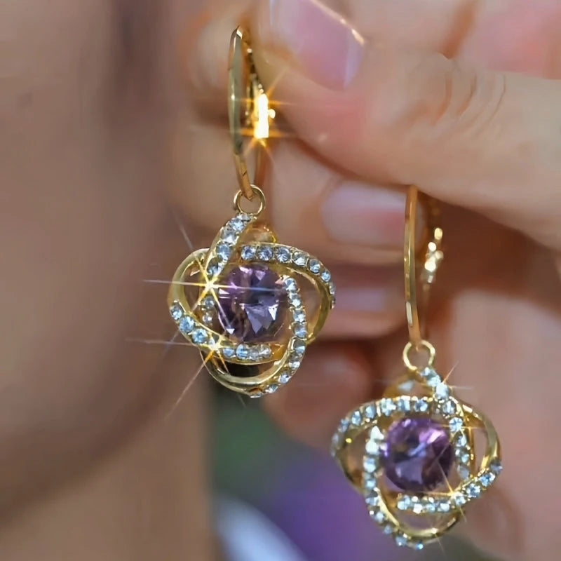 14K Gold-Plated Elegant Purple Zircon Diamond Three-Dimensional Earrings - elegant Purple Zircon Earrings