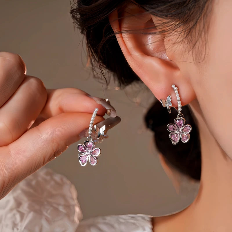 14K Gold-Plated Elegant Purple Zircon Flower Butterfly Earrings - elegant Flower Butterfly Earrings