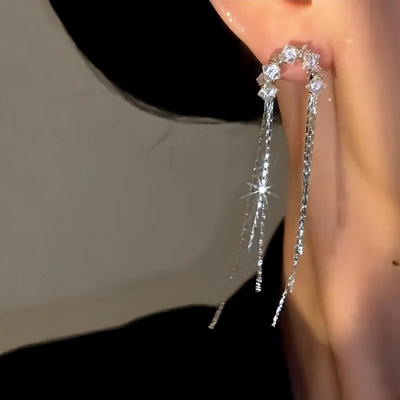 Close-up detail of the sparkling zircons and plating on the Willow Tassel Earrings