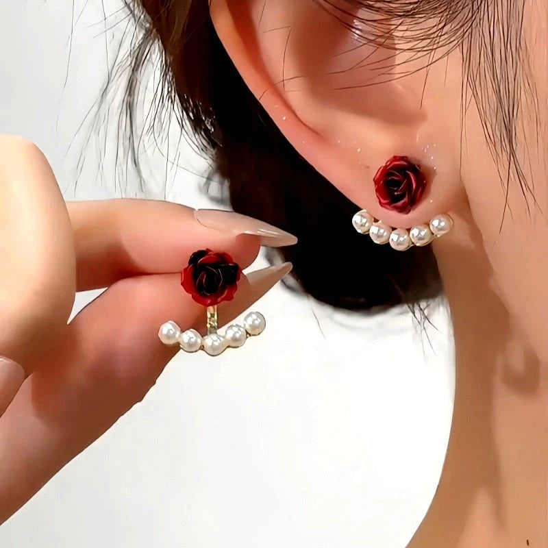 14K Gold-Plated Elegant Red And Pink Rose Pearl Jacket Earrings - elegant Rose Pearl Jacket Earrings