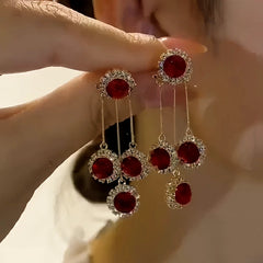 14K Gold-Plated Elegant Red Crystal Tassel Earrings - elegant Red Crystal Tassel Earrings