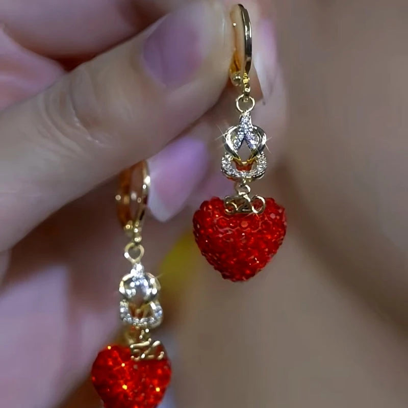 14K Gold-Plated Elegant Red Diamond Heart Earrings - elegant Red Diamond Heart Earrings